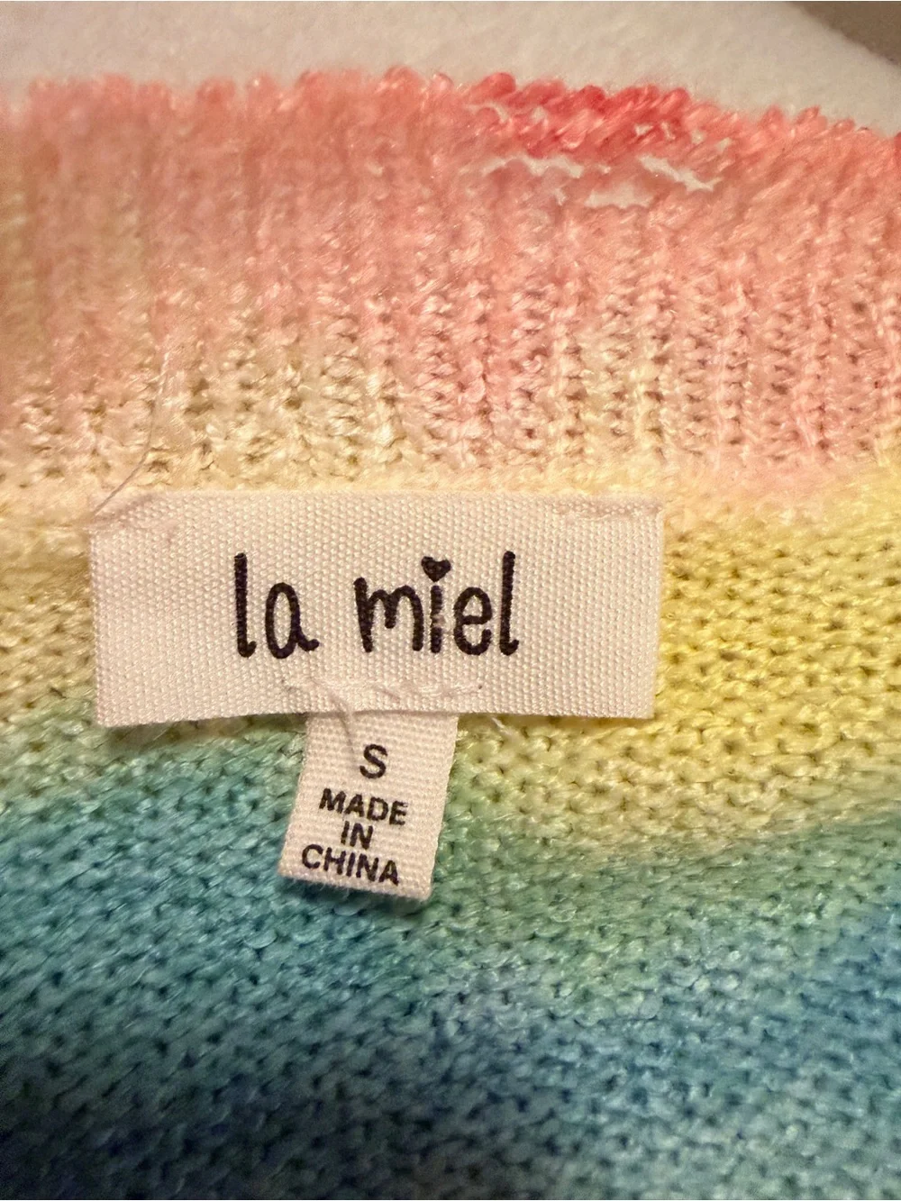 LA MIEL Pastel Rainbow Knit Cardigan in Pink, Yellow, Blue